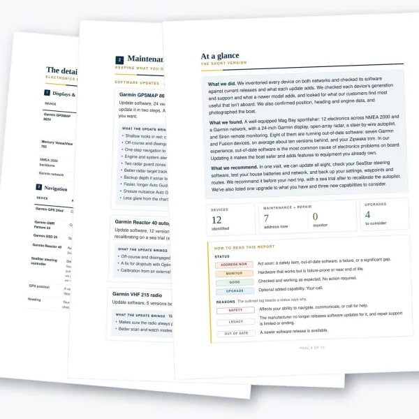Pages from a Vessel Electronics Maintenance and Repair Report showing the device inventory, recommendations and at-a-glance summary